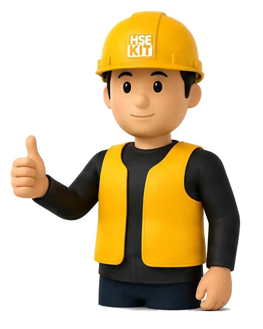 Mascota HSE-KIT: personaje 3D amigable con casco y chaleco de seguridad